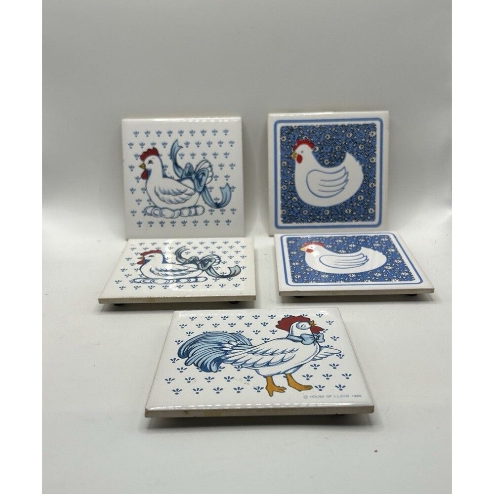 Vintage Art Ceramic Tile Trivet Coaster Set 5 Country Chicken Kitchen Decor